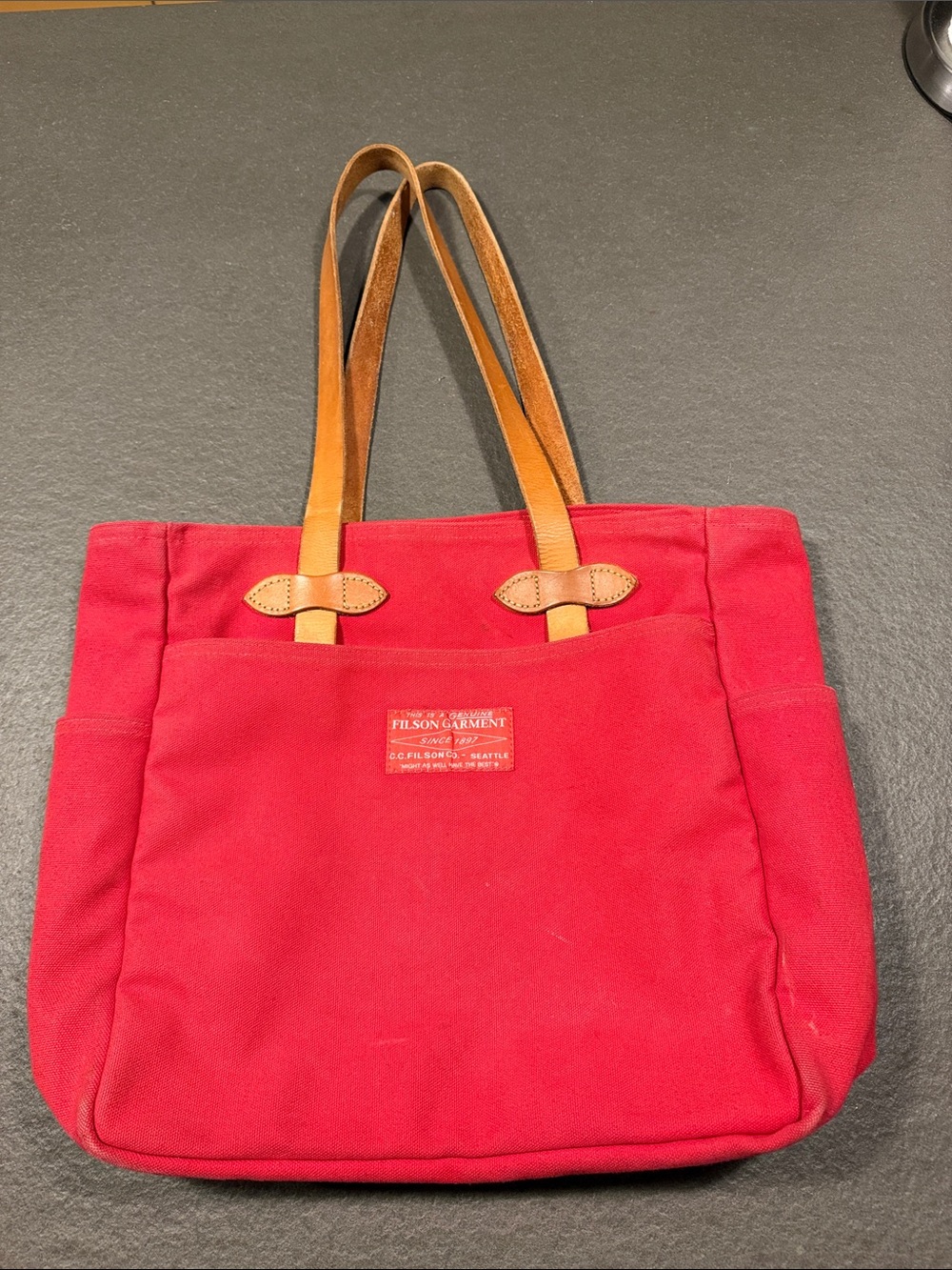 Filson Red Canvas Tote with Tan Leather Straps
